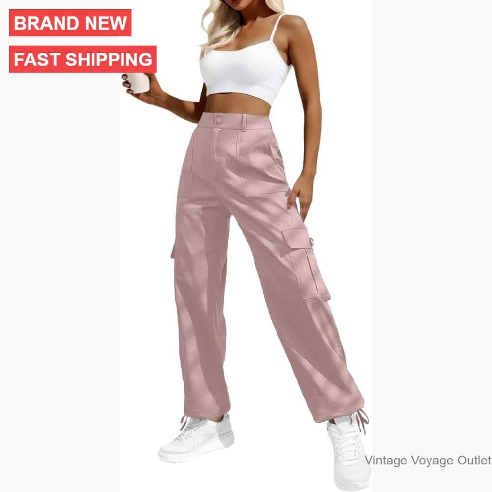 High Waisted Cargo Pants with 6 Pockets, Stretchy Wide Leg, Drawstring Ankle